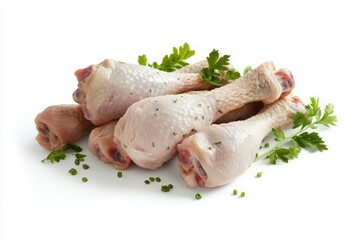 Fresh chicken drumsticks with rosemary on white background. AI generative