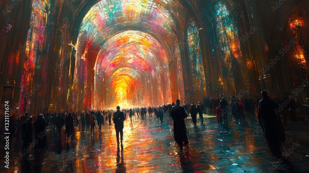 Poster crowd walking through a tunnel of light and color reflection