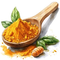 Watercolor Turmeric Powder in Wooden Spoon with Leaves - Spice Illustration