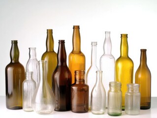 Collection of various glass bottles arranged against a neutral background showcasing different shapes and colors