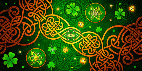 Elegant Celtic Pattern with Gold Filigree and Shamrock Motifs on a Green Background.
