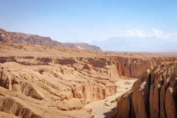 Vast, eroded canyon in eastern Iran, the Middle East. Elevated view.