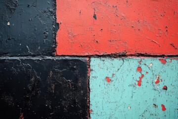 Fototapeta premium Colorful abstract wall with chipped paint displaying black, red, and turquoise patches in an urban setting captured during daylight