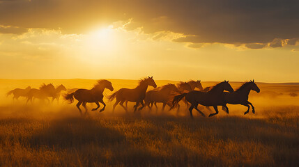 Obraz premium Majestic Wild Horses Running Through a Golden Field at Sunset