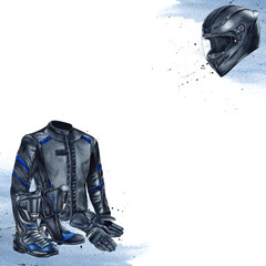 Motorcycle crash helmet, pair of leather gloves, boots and jacket. Moto gear and clothing. Watercolor illustration isolated from background with blue spot and splash. For moto stores, clothes shop © Yulia Kapura