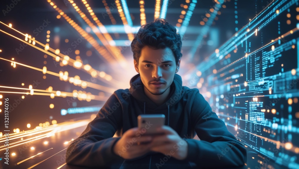 Poster concept art of a person surrounded by glowing digital data streams, symbolizing the seamless connect