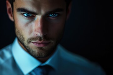 Obraz premium Serious businessman staring with blue eyes and dark background
