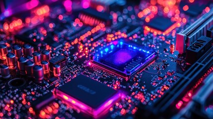Fototapeta premium Illuminated Computer Motherboard with Chip and Electronic Components Close-up