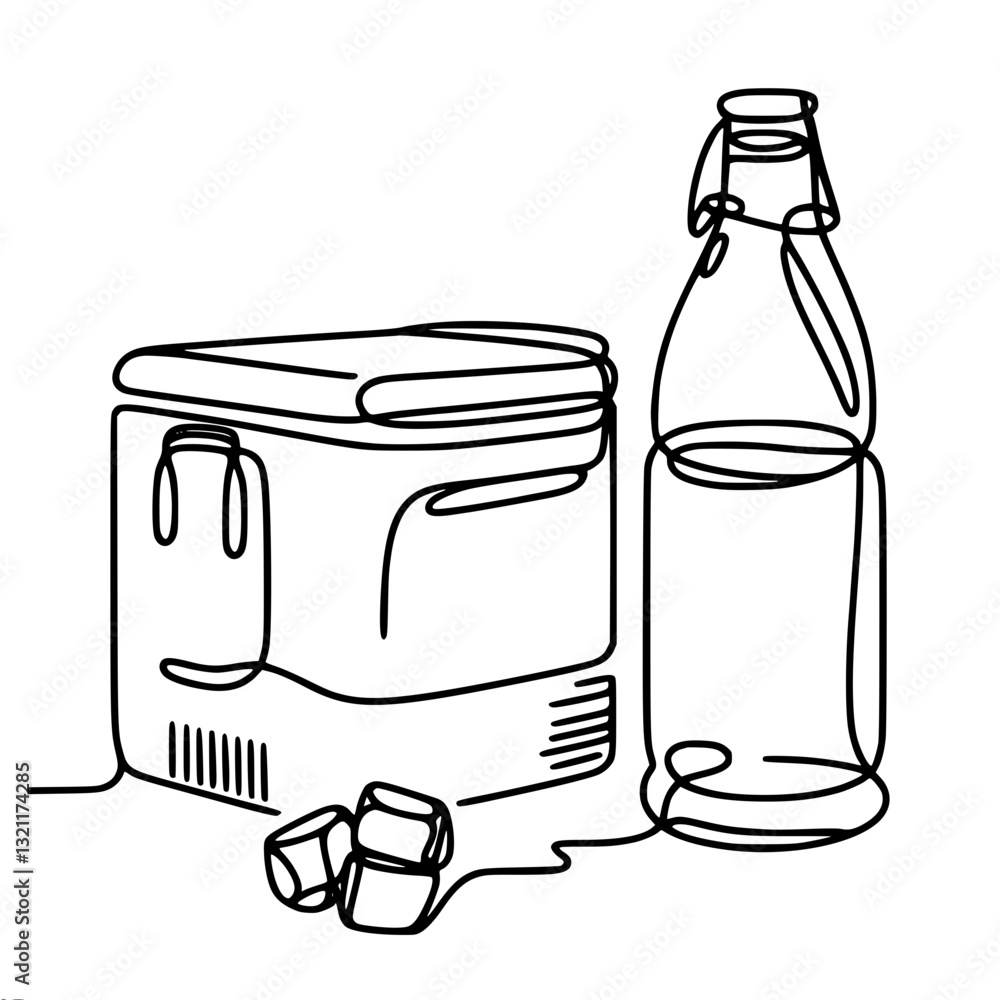 Poster minimalistic linear vector outline drawing of a bottle half full and a box with a lid in black and w