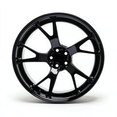 Obraz premium Shiny Black Car Wheel with Spokes Isolated on White Background