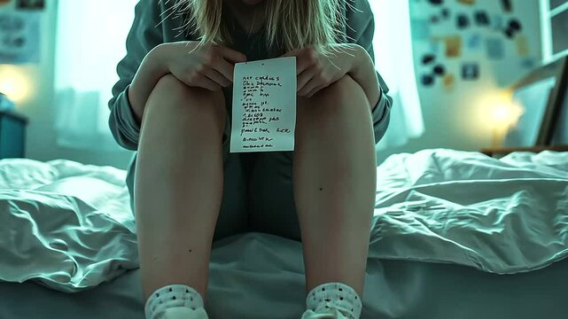 A young person sitting on a bed with rumpled sheets, pills scattered on the floor below, while a motivational note taped to the wall glows softly in the morning light.