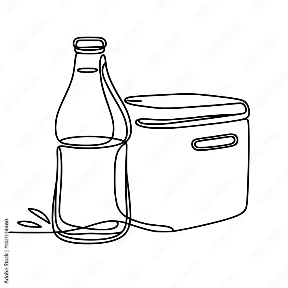 Poster minimalistic linear vector outline drawing of bottle half full and container with cap in black and w