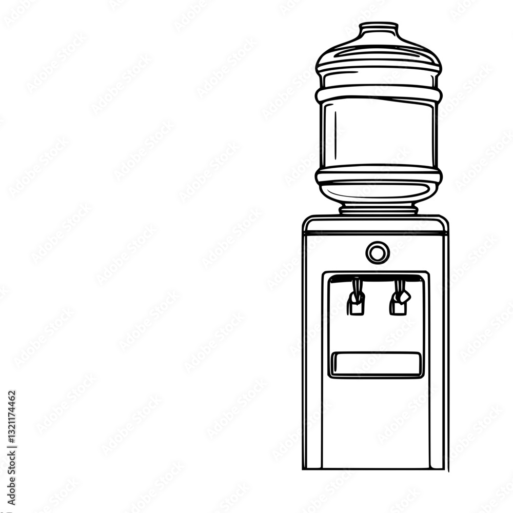 Poster minimalistic linear vector outline drawing of water cooler with bottle on top and two taps for hot a
