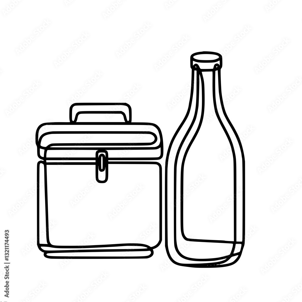 Poster minimalistic linear vector outline sketch of empty bottle and box with cap in black and white, conti