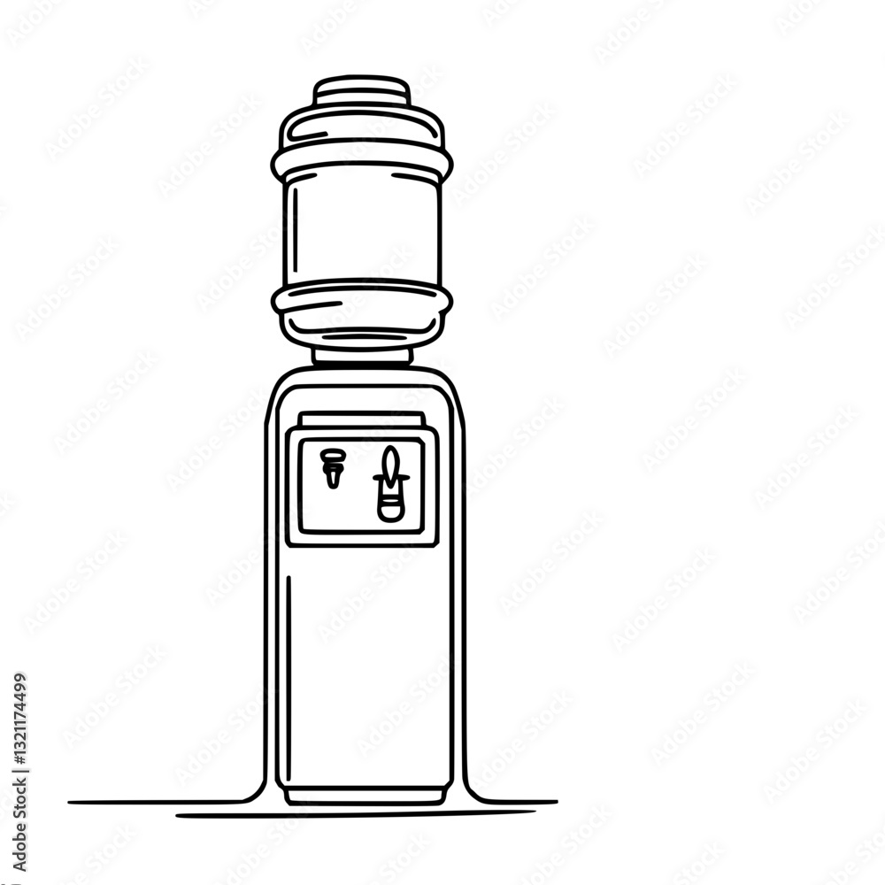 Poster minimalistic linear vector outline drawing of a water cooler with a large bottle on top and two taps