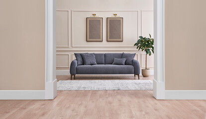 Decorative interior style, two side living room, sofa, frame, lamp and vase of plant, carpet. Interior home decor.