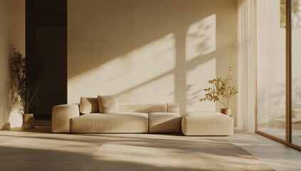 Modern beige living room with sunlight and plants, perfect for interior design inspiration
