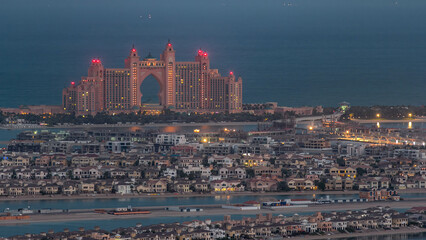 Jumeirah Palm Island night to day timelapse dubai shot from the rooftop top of the tower in dubai...