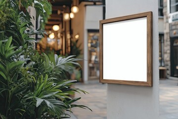Empty square signboard mounted on a light gray wall,  surrounded by greenery and shops in a modern urban setting