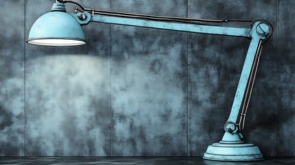 Studio shot of turquoise articulating lamp illuminating textured wall