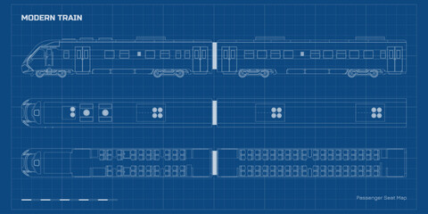 Outline drawing of modern train passenger seat map. Locomotive model top and side view. Rail transport interior scheme. Line express blueprint