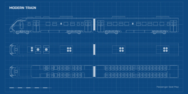 Outline drawing of modern train passenger seat map. Locomotive model top and side view. Rail transport interior scheme. Line express blueprint