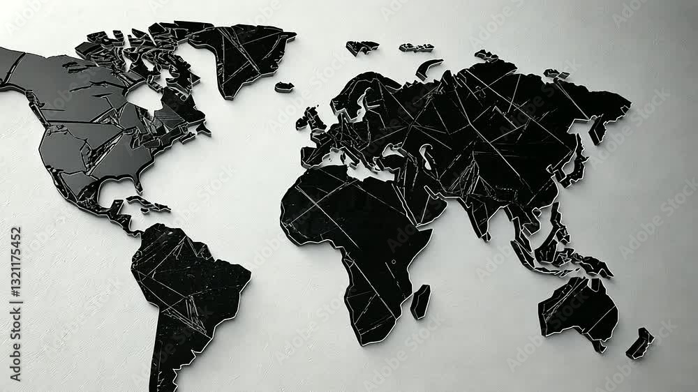 Poster an abstract global map featuring continents in asymmetric black geometric shapes, displayed on a sub
