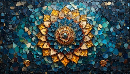 Vibrant Mosaic with Floral Mandala Pattern in Blue Gold and Orange