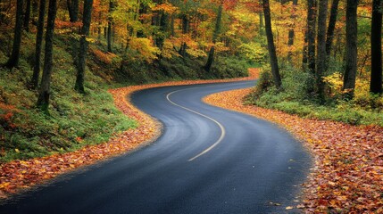Fototapeta premium Serene winding road through vibrant autumn foliage with colorful leaves lining the edges, inviting exploration