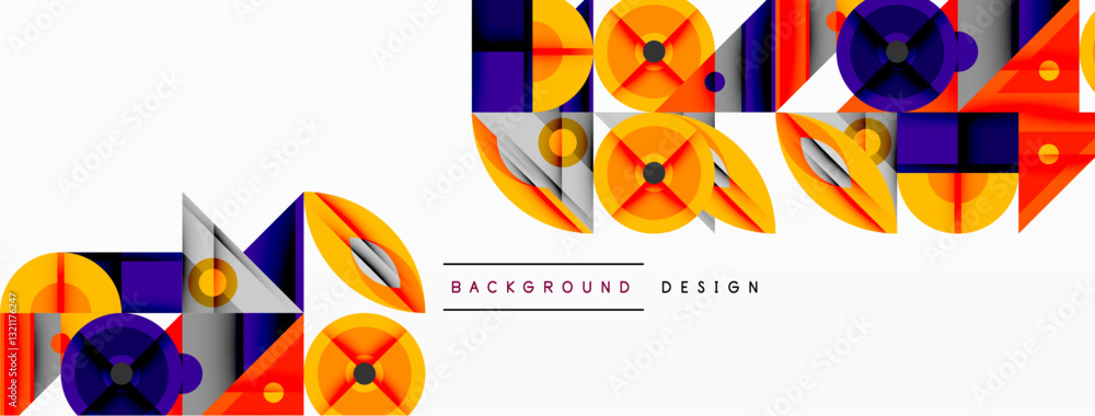 Poster Geometric abstract composition with intersecting shapes, circles, triangles, and gradients, blending vibrant colors and dynamic contrasts to create a modern, futuristic visual design