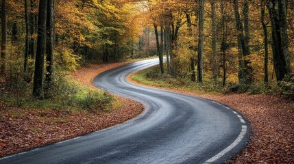 Fototapeta premium Curved road winding through a vibrant autumn forest with colorful foliage and fallen leaves on the ground