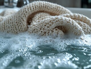 Close-up of a soft white knitted sweater in gentle wash with bubbles.