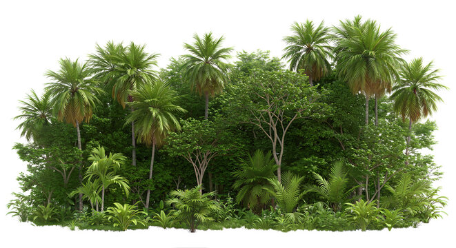 Green tropical forest plants, tropic jungle, cutout png isolated on white or transparent background. Clipping path with cut-out.