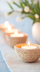 Elegant and warm candle arrangement placed in natural woven holders, forming a tranquil and stylish home atmosphere. Ideal for meditation, spa branding, and interior styling. Selective focus