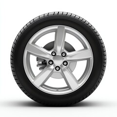 Obraz premium Car Tire on White Background Showcasing Tread and Silver Alloy Rim