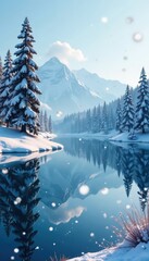 Snowflakes gently falling on a peaceful landscape with frozen lake and pine trees, snowflake, pine tree