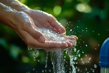 Fototapeta premium Pure Water Flowing Through Hands Nature's Cleanliness and Refreshment