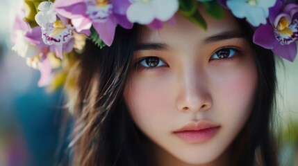 Naklejka premium Beautiful Young Woman with Floral Crown and Natural Makeup