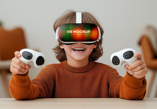 Child Playing with VR Headset and Controllers &mdash; Kids Gaming & Educational Technology Mockup