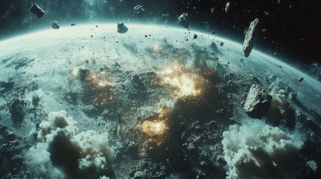 A cinematic view of the Earth's destruction, pieces of land floating in space