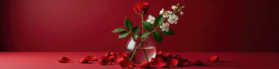 Glass vase containing stems of climbing roses with clusters of white flowers and long green leaves amidst a bed of dark red rose petals, red, still life, glass
