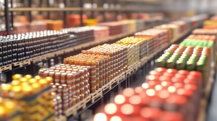 Colorful array of canned goods and beverages on shelves in a modern warehouse storage facility