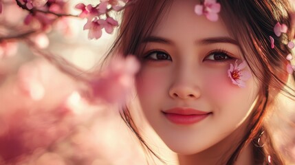 Smiling Young Woman with Cherry Blossoms and Soft Pink Background