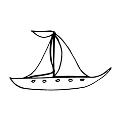 Black and white outline drawing of a sailboat, done in a minimalist style. Sketch of a yacht with sails and a flag, marine theme. For design of logos, postcards, children's books, prints on clothes.