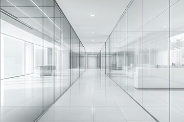Modern, minimalist office hallway.  Glass walls, white tile floor, and bright, spacious interior