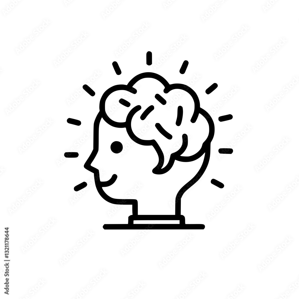 Poster thought process: outline of head with brain radiating ideas creativity and intelligence innovation a