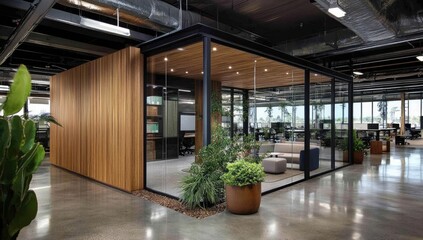 Obraz premium Modern office space with a glass enclosed meeting area, wood accents, and plenty of plants