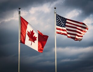 canada flag and united states flag waving in the same direction; cloudy and dark sky