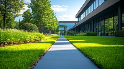 Fototapeta premium Lush green grass frames a sleek pathway leading to a modern corporate building, where sunlight filters through the abundant trees, creating a tranquil atmosphere for productivity and creativity
