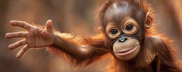 An adorable orangutan cub extends its hand in a curious gesture